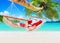 Positive smiling Christmas Santa Claus relax in hammock at island sandy ocean beach