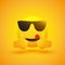 Positive, Smiling Satisfied Mouth Licking Hipster Emoji with Sunglasses Showing Double Thumbs Up on Yellow Background