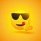 Positive, Smiling Satisfied Mouth Licking Hipster Emoji with Sunglasses Showing Thumbs Up on Yellow Background