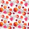 Positive summer fruits apricot, peach, cherry, watermelon . Seamless food pattern with random lines and dots - trendy
