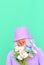 Positive summer girl with flowers in trendy bucket hat.  Pastel colours design