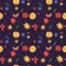 Positive symbols seamless pattern. Funny hippy stickers. Smiles and hearts. Happy emotions. Cute summer flowers and