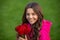 positive teenager girl with autumn flower bouquet. teenager girl with autumn bouquet