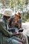 Positive traveler looking at african american