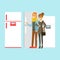 Positive young family couple choosing fridge. Appliance store colorful vector Illustration