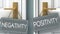 Positivity or negativity as a choice in life - pictured as words negativity, positivity on doors to show that negativity and