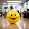 Positivity in the workplace demonstrated by a yellow smiling ball in the office interior