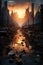 Post apocalypse city at sunset. Vertical illustration. AI generative
