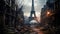 Post apocalypse in destroyed Paris, apocalyptic scene after world war