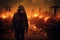 Post apocalypse, scary apocalyptic scene with person in gas mask and fire