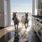 Post apocalypse. Two white horses enter a sea-flooded house. Generative AI