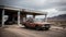 Post-apocalyptic abandoned gas station and rusty cars, desolate landscape. Generative AI