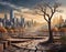 Post-apocalyptic cityscape with skyscrapers surrounded with dead dry trees cracked ground and dried up rivers evening sunset time