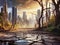 Post-apocalyptic cityscape with skyscrapers surrounded with dead dry trees cracked ground and dried up rivers evening sunset time