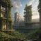 Post-apocalyptic depiction of nature reclaiming a ruined metropolis, with vines and greenery everywhere1