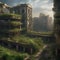 Post-apocalyptic depiction of nature reclaiming a ruined metropolis, with vines and greenery everywhere4