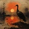 Post-apocalyptic Landscape: A Dark Orange Sunset With A Large Black Bird