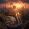 Post Apocalyptic Landscape. Destroyed City, Urban Skyline in Ruins, Damaged Building. End of the World, End of Civilization,