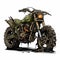 Post-apocalyptic Motorcycle Art: Dark Beige And Green Cartoon On White Background