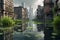 Post-Apocalyptic Resilience: Overgrown Cityscape Submerged in Murky Water - Remnants of Skyscrapers Poking Above the Surface,