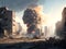 A post-apocalyptic ruined city. Destroyed buildings, burnt-out vehicles and ruined roads