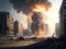 A post-apocalyptic ruined city. Destroyed buildings, burnt-out vehicles and ruined roads