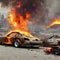 Post apocalyptic scene of destroyed city with burning cars
