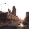 post apocalyptic skyline. isolated transparent PNG file. sunset. debris.