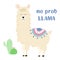 Post card with cute lama and text no probLLama, which means, lama has no problem. With cactus. vector isolated. Good for