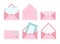 Post card and envelope set, vector illustration postal letters with greeting card and post stamps, cute pink collection