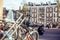 Post card view: bike parking on european city street, Amsterdam