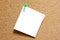 Post-it note with green pushpin on corkboard.