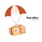 Post office. airmail delivery service. Packege with label, QR code. parcel with parachute for shipping, flat vector illustration