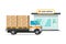 Post office cargo truck or vehicle loaded parcel boxes vector illustration, flat cartoon postoffice storage building and