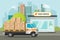 Post office on city street and cargo truck loaded parcel boxes vector illustration, flat cartoon postoffice storage