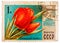 Post stamp printed in USSR CCCP, soviet union shows image of tulip flower and Bolshoi theater from Moscow