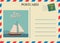 Postacrd summer vintage Sailboat ocean. Vacation travel design card with postage stamp. Vector illustration isolated