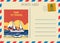 Postacrd summer vintage Sailboat ocean. Vacation travel design card with postage stamp. Vector illustration isolated