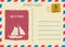 Postacrd summer vintage Sailboat ocean. Vacation travel design card with postage stamp. Vector illustration isolated