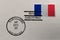 Postage stamp envelope with France flag and Christmas and New Year stamps, vector