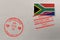 Postage stamp envelope with South Africa flag and Valentines Day stamps, vector