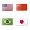 Postage stamp with the image of USA, China, Brazil, Japan flag