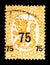 Postage stamp printed in Finland shows Black surcharge on Definitive series I, 75 p - Finnish penni, Saarinen design overprint