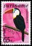 Postage stamp printed in Suriname shows White-throated Toucan (Ramphastos tucanus), Free stamps Birds serie, circa 1977