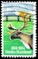 Postage stamp printed in United States shows Caribou Rangifer tarandus caribou and Pipeline, Statehood Alaska serie, circa 1984