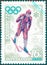 Postage stamp printed in the USSR with the image of a skier and the inscription in Russian `Sapporo, 72`