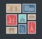 Postage stamps with line travelling city national landmarks vector set