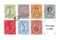 Postage travel stamps set. Post emblem on white background. Mark stamped. Official postmarks.