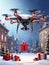 A postal drone carries a box with a Christmas gift, flies through the air over a winter holiday city. Modern technologies,