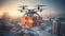 A postal drone carries a box with a Christmas gift, flies through the air over a winter holiday city. Modern technologies,